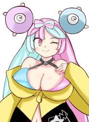 arm_at_side bikini blush cleavage closed_mouth collarbone exposed_breasts hand_on_breast iono_(pokemon) large_breasts pokemon pokemon_sv smile upper_body