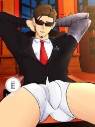 1boy arms_behind_head arms_up bulge fully_clothed gay jailbreak jailbreak_(roblox) male male_only nexophyte prosthetic prosthetic_arm roblox roblox_game robloxian solo solo_male spread_legs underwear vvenusus yaoi