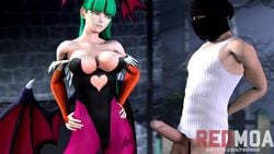 1boy 1girls 3d animated attribute_theft balaclava bangs bat_print big_penis bottomless bouncing_breasts breast_expansion breasts capcom cleavage clothed clothing darkstalkers duo elbow_gloves female femdom gesture gloves green_eyes green_hair hand_on_hip head_wings heart_cutout huge_breasts human large_breasts leotard long_hair male medium_breasts morrigan_aensland no_sound penis penis_shrinking pinky_out redmoa size_transfer skimpy small_breasts small_penis small_penis_humiliation standing straight succubus tank_top testicles tights very_long_hair video wings