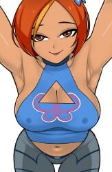 brown_eyes butterfly_(planetronika) cleavage cleavage_window female looking_at_viewer nipple_bulge planetronika red_hair saberrung solo