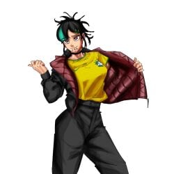 1girls big_breasts brazilian_flag brazilian_shirt breasts chin_piercing choker dyed_hair female female_focus female_only hips hoshi_kirara jacket jujutsu_kaisen piercing shonen_jump slim_waist tagme thick_thighs thighs two-tone_hair white_background
