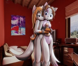 anthro bed blonde_hair breasts brown_hair chani_(ajdurai) dildo feline female fur hair lilybird mammal navel nipples nude pink_nose pussy sex_toy tongue tongue_out white_fur yuri zaya_(ajdurai)