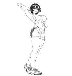 armpit armpits arms_up bare_arms bare_legs belly_button big_breasts big_eyes black_and_white black_hair black_hair_female breasts commission dolphin_shorts exposed_belly exposed_midriff female female_only glasses greyscale large_breasts legs midriff monochrome navel no_bra panties panty_straps sexy sexy_body shoes short_hair short_hair_female shorts sideboob sneakers solo solo_female stretching stretching_arms tagme_(artist) thighs thong thong_panties thong_straps tied_shirt