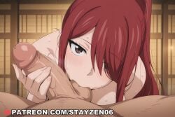 1boy 1girl :>= ai ai_art ai_generated blush breasts brown_eyes completely_nude erection fairy_tail fellatio hair_over_one_eye handjob hetero indoors long_hair looking_at_viewer nude oral penis ponytail pov pov_crotch red_eyes red_hair solo_focus sweat testicle_sucking testicles uncensored veins veiny_penis
