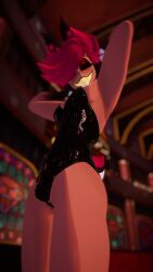 alastor_(hazbin_hotel) bulge bulge_through_clothing bunnysuit deer_tail hazbin_hotel idontexpect red_hair smiling standing vrchat vrchat_avatar