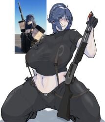 big_breasts blue_hair female hand_on_breast kneeling reference_image roblox roblox_avatar robloxian shotgun shotgun_shell straps_across_chest stretched_clothing tagme tagme_(artist) thick_thighs
