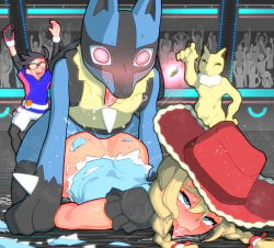 1girl ass bestiality blonde_hair blue_eyes blush braid breasts brown_hair gloves hat long_hair lucario pokemon_(species) sex single_braid sweat tongue tongue_out