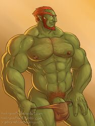 1boy 1male 2015 abs amber_eyes bara beard beefy body_hair bulge clothing deviantart_url dick_root facial_hair flaccid ganondorf ganondorf_(twilight_princess) green_skin headingsouth humanoid male male_nipples male_only masculine mature_male muscle muscular muscular_male nintendo nipples partially_exposed_penis pecs penis pointy_ears pubes pubic_hair red_hair red_pubic_hair shirtless solo solo_male the_legend_of_zelda the_legend_of_zelda:_twilight_princess thong topless tumblr_link twilight_princess veiny_penis video_games