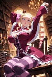 1girl ai_generated arms_up beatrice_(re:zero) blonde_hair blue_eyes book bookshelf breasts capelet cleavage crossed_legs crown dress drill_hair fur_trim hi_res high_quality high_resolution indoors kiraamane large_breasts long_hair long_sleeves looking_at_viewer mini_crown pantyhose patreon re:zero_kara_hajimeru_isekai_seikatsu ribbon seductive sexy sitting solo striped striped_legwear twin_drills twintails uncensored