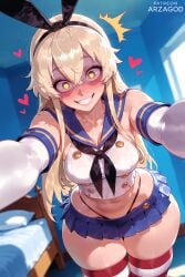 1girls ai_generated animal_ears arzagod ass bedroom bent_over big_ass big_butt black_neckerchief black_thong blonde_hair blue_sailor_collar blurry blurry_background blush breasts brown_eyes bunny_ears butt collar collarbone crazy_eyes crop_top curvy day dutch_angle elbow_gloves facing_viewer female gloves glowing_eyes grin hairband head_tilt heart heart-shaped_pupils hips huge_ass huge_butt indoors kantai_collection legwear long_hair medium_breasts microskirt navel neckerchief nose_blush outstretched_hand pleated_skirt pupils rabbit_ears reaching_towards_viewer sailor_collar shaded_face shimakaze_(kancolle) shimakaze_(kantai_collection) shiny_skin skindentation skirt solo solo_female stable_diffusion standing striped_thighhighs surprised tagme thick_thighs thighhighs thighs thong underwear uneven_eyes white_elbow_gloves wide_hips wide_thighs yandere yellow_eyes