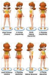 3d ai_generated bare_legs brown_hair crown energetic flipped_hair flower_earrings flower_ornament legs mario_&_sonic_(series) mario_&_sonic_at_the_olympic_games_tokyo_2020 mario_(series) model_sheet nintendo on_model orange_shorts plump_ass princess_daisy round_ass sassy sega sleeveless_shirt sneakers tight_shorts tomboy white_sneakers yellow_shirt