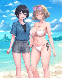 2girls ai_generated anis_(sparkling_summer)_(nikke) bare_legs bare_shoulders beach bikini black_hair black_shirt black_socks brown_hair cleavage collared_shirt denim_shorts fully_clothed fully_clothed_female large_breasts looking_at_viewer medium_breasts standing sunglasses white_socks