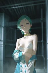 1girls aqua_hair blurry_background bra breasts eureka eureka_seven female female_focus female_only indoors jewelry light_particles looking_aside looking_to_the_side miura-n315 neck_ring open_clothes pale-skinned_female pale_skin petite purple_eyes short_hair skinny small_breasts teenage_female teenage_girl teenager undressing upper_body white_bra
