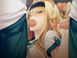 1girl 3boys black_hairband blonde_hair blush censored collarbone eyes_visible_through_hair fellatio game_asset gangbang green_pants group_sex hair_between_eyes hairband hairjob hand_on_another's_head handjob head_grab hetero linaria_fairhyde long_hair mahou_shoujo_lucifer_ouka mosaic_censoring multiple_boys nobushito non-web_source official_art oral pants penis sailor_collar sailor_shirt saliva school_uniform self-datamine shirt short_sleeves solo_focus variant_set visual_novel_cg white_shirt yellow_eyes