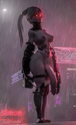 big_penis cybernetics cyberpunk_(series) fully_nude futanari futanari_only rain raining rebecca_(edgerunners) standing