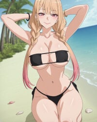 1girl 1girls ai_generated bangs beach big_breasts bikini black_bikini blonde_hair blush bracelet braid breasts cleavage day ear_piercing earrings eyebrows_visible_through_hair jewelry kitagawa_marin large_breasts long_hair looking_at_viewer navel navel_piercing ocean outdoors piercing sand smile solo sono_bisque_doll_wa_koi_wo_suru swimsuit water