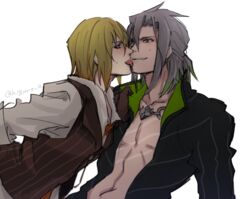 2boys blonde_hair blue_eyes blush dash10 eizen_(tales) licking male_only multiple_boys muscle naughty_face smile sweat tales_of_(series) tales_of_berseria tongue tongue_out undressing yaoi