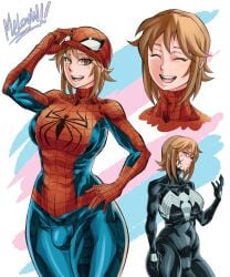 1girls big_breasts bodysuit breasts brown_eyes brown_hair bulge female female_focus female_only hand_on_hip marvel marvel_comics mclovinart1 petra_parker smile solo solo_female solo_focus spider-man_(series) spider-woman superheroine symbiote symbiote_suit thick thick_thighs trans_woman unmasked