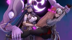 arlecchino_(genshin_impact) futa_on_female futaflux futanari genshin_impact raiden_shogun_(magatsu_mitake_narukami_no_mikoto)