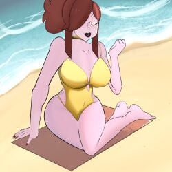 1girl alt_mommy_mearest_(readraws) artist_request auburn_hair beach beach_background beach_towel black_sclera breasts choker cleavage cleavage_cutout corset covered_eye eyeshadow female female_focus female_only fnf_alt friday_night_funkin friday_night_funkin_alt friday_night_funkin_mod happy hourglass_figure hourglass_figured_female large_breasts light_pink_skin lips lipstick looking_at_nails milf mommy_mearest narrowed_eyes ocean ocean_background painted_nails readraws relaxing sand sex_appeal sexy sitting_on_ground swimsuit thick_thighs yellow_swimsuit