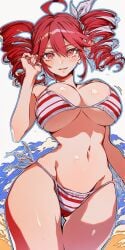 1girls ahoge ai_generated ass_visible_through_thighs bangs big_breasts bikini blush breasts drill_hair huge_breasts kasane_teto large_breasts long_hair looking_at_viewer navel red_eyes red_hair side-tie_bikini smile solo striped striped_bikini swimsuit thigh_gap twin_drills twintails utau vocaloid warotamin3