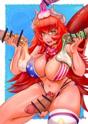 1girl american_flag american_flag_bikini american_flag_print bikini breasts bukkake cleavage commentary condom condom_on_penis cum dragon_girl dragon_horns dragon_tail english_commentary flag_print flag_print_bikini fourth_of_july futanari highres horn_piercing horns hypnosis large_breasts mind_control multiple_boys penis print_bikini ryufboi socks_agency sweat swimsuit tail virtual_youtuber zentreya zentreya_(dragon) zentreya_(dragon)_(cowboy_bikini)