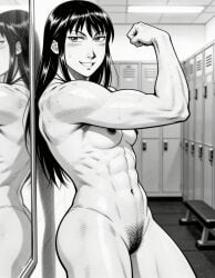 1boy abs ai_generated breasts completely_naked completely_naked_female completely_nude completely_nude_female female female_only flexing gym ishido_natsuo locker locker_room muscular naked naked_female nipples nude nude_female pubic_hair pussy smile smiling sweat teppuu toned wink
