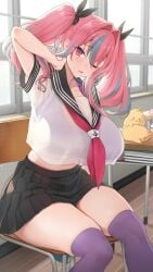 alternate_costume anchor_symbol arm_at_side azur_lane back_pain black_ribbon black_sailor_collar black_skirt breasts bremerton_(azur_lane) commentary_request desk flower grey_hair grey_streaks hair_ribbon hand_on_own_neck head_tilt highres large_breasts looking_at_viewer looking_to_the_side manjuu_(azur_lane) massage midriff midriff_peek miniskirt mole mole_under_eye multicolored_hair neckerchief one_eye_closed open_mouth petals pink_hair purple_sports_bra purple_thighhighs red_neckerchief ribbon sailor_collar sailor_shirt school school_desk school_uniform see-through_clothes see-through_shirt shirt sitting skirt sports_bra streaked_hair thick_thighs thighhighs thighs twintails window zettai_ryouiki