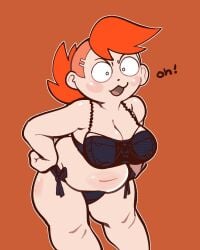 2018 2d_(artwork) bending_forward bra breasts chubby_female cleavage hand_on_hip light-skinned_female mangneto open_mouth orange-haired_female original original_character panties sidecut solo_female text thighs tied_hair underwear