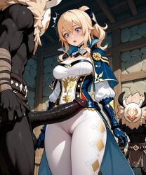 1girl 2boys ai_generated big_penis blonde_female blonde_hair cock_shock dark-skinned_male genshin_impact hilichurls_(species) jean_gunnhildr stable_diffusion standing