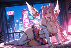 1girl ai_assisted ai_generated all_fours alternate_costume artist_name bangs bare_shoulders bed bed_sheet blush boots breasts choker cleavage curvaceous curvy curvy_female curvy_figure detached_sleeves elbow_gloves feathers female gloves hair_ornament head_wings heart huge_breasts indoors kai'sa large_breasts league_of_legends long_hair looking_at_viewer lying magical_girl miniskirt miyuai night on_bed parted_bangs pink_hair pleated_skirt purple_eyes seductive_smile shiny skirt sky smile solo star_(symbol) star_guardian_(league_of_legends) star_guardian_kai'sa strapless thick thick_ass thick_butt thick_hips thick_legs thick_thighs thigh_boots thighhighs thighs voluptuous voluptuous_female white_footwear white_gloves white_legwear wide_hips wide_thighs window wings