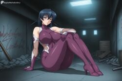 1girl ai_generated arm_support asagi_igawa bare_shoulders black_hair blue_hair blush bodysuit breasts closed_mouth covered_collarbone covered_nipples digitalwaifugallery elbow_gloves fishnets full_body gloves green_eyes hi_res high_heels high_quality high_resolution impossible_bodysuit impossible_clothes indoors large_breasts long_hair looking_at_viewer ninja patreon patreon_username purple_bodysuit seductive sexy shiny_clothes sitting skin_tight smile solo taimanin_(series) uncensored watermark