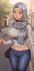 1girl 1girls ai_assisted ai_generated arabian belly belly_button choker female female_focus female_only handbag hijab hijabi jeans lipgloss middle_eastern_female street tanned tanned_female tanned_skin