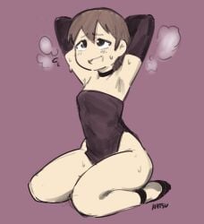 1girls aioi_yuuko armpit armpit_fetish armpits arms_up clothed erotic erotic_costume ghastlypann hands_behind_head hatsumiilkshake kneeling kneeling_female kneeling_on_ground nichijou showing_armpits smiling solo steam sweat teenager variant variant_set