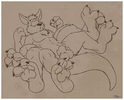 animal_genitalia anthro balls claws kangaroo lying male male_only mammal marsupial multi_leg multi_limb on_back pawpads paws rootaur sheath simple_background solo surprise teaselbone thick_tail
