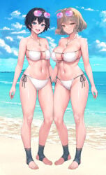 2girls anis_(sparkling_summer)_(nikke) beach bikini black_hair blushing boob_window brown_hair cleavage collarbone large_breasts looking_at_viewer medium_breasts necklace short_hair smiling standing sunglasses sunglasses_on_head
