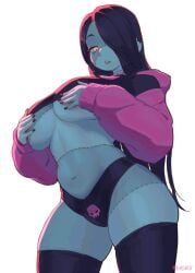 1girl 2024 2024s artist_name asakii black_and_pink_panties covering_breasts crop_hoodie crop_top crop_top_hoodie cropped_hoodie draw_your_oc_in_this draw_your_ocs_in_this_challenge drawstring_hoodie green_skin hoodie hoodie_lift meme meme_attire meme_clothing original original_character outfit_meme paggi_outfit simple_background skull_panties thigh_highs thighhighs thong topwear twitter_hoodie twitter_trend zombie_girl