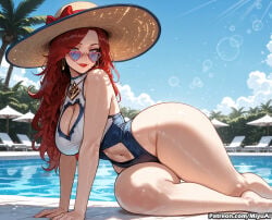 1girl ai_assisted ai_generated artist_name barefoot beach blue_eyes blue_sky breasts cleavage cleavage_cutout cloud curvaceous curvy curvy_female curvy_figure day earrings female hat highleg highleg_swimsuit jewelry large_breasts league_of_legends lens_flare lips long_hair looking_at_viewer miss_fortune_(league_of_legends) miyuai navel navel_cutout on_side one-piece_swimsuit outdoors palm_tree pool pool_party_miss_fortune pool_party_series poolside red_hair red_lips sky solo sun_hat sunglasses sunlight swimsuit thick thick_ass thick_butt thick_hips thick_legs thick_thighs thighs tree voluptuous voluptuous_female water wet wide_hips wide_thighs