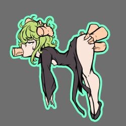1girl 2boys ass ass_grab black_dress black_footwear breasts disembodied_hand disembodied_penis double_penetration dress fellatio flats floating from_side full_body green_eyes green_hair grey_background group_sex hetero irrumatio long_sleeves mmf_threesome multiple_boys nipples one-punch_man oral penis rolling_eyes sex short_hair simple_background small_breasts solo_focus spitroast tatsumaki telekinesis threesome tongue tongue_out uncensored verymediocre