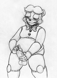 2016 animatronic anthro balls bear black_and_white bow_tie erection five_nights_at_freddy's five_nights_at_freddy's_2 inkyfrog machine male mammal masturbation monochrome penis robot simple_background smile solo toy_freddy_(fnaf) traditional_media_(artwork) video_games white_background