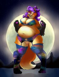 anthro belly bra bravo breasts canine clitoris clothed clothing eyewear female fox garter garter_belt garter_straps glasses hair legwear long_hair mammal moon overweight partially_clothed plump_labia pubes purple_hair pussy slightly_chubby solo stockings underwear