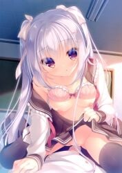 1boy 1boy1girl 1girls bra bra_lift breasts cameltoe convenient_censoring girl_on_top hair_censor highres long_hair nipples no_panties nopan open_shirt sailor_uniform school_uniform seifuku skirt_lift thighhighs tied_hair twintails white_hair yukie