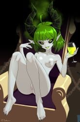 1girls anus breasts female full_body fully_nude goblet green_eyes green_hair holding_object horns myahogao pale_skin pugna_(oblivion) pugna_(pugna's_quest) pussy sitting skinny small_breasts smiling smiling_at_viewer