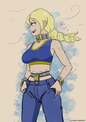 1girls blonde_hair blue_eyes chastity_belt chastity_device collar cuff_(restraint) female female_chastity female_only femsub fully_clothed metal_collar metal_cuffs plasma-dragon skindentation takenta_(plasma-dragon) wrist_cuffs