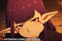 1boy 1girl :>= ai ai_art ai_generated blunt_bangs bodysuit cheek_bulge deepthroat ear_piercing earrings elf facial_mark fellatio hetero jewelry long_hair looking_at_viewer oral overlord penis pointy_ears pov purple_hair red_eyes saliva solo_focus stone_floor uncensored veins veiny_penis