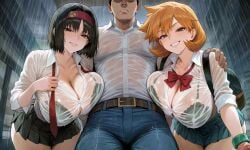 1boy 2girls ai_generated arm_around_shoulder backpack bag bangs belt black_bra black_clothes black_eyes black_hair black_skirt black_underwear blue_pants blush bodily_fluids bow bowtie bra bra_visible_through_clothes breast_press breasts busty cleavage clothing collared_shirt denim dress_shirt erika_(pokemon) female green_bra green_clothing green_eyes green_underwear grin hairband hand_on_another's_shoulder hand_on_shoulder headwear hetero huge_breasts jeans jewelry kasumi_(pokemon) landscape large_breasts leaning_forward looking_at_viewer male miniskirt misty_(pokemon_hgss) multiple_girls necktie neckwear orange_hair outdoors pants parted_lips pleated_skirt pokemon rain red_bow red_bowtie red_hairband red_necktie red_neckwear school_uniform seductive seductive_smile see-through shirt short_hair skirt smile sweat teeth thick_thighs thighs underwear undone_necktie uniform wet wet_clothes wet_shirt white_shirt