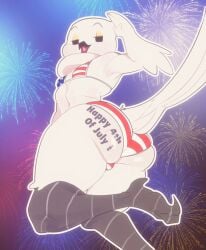 1boy 4th_of_july american_flag_bikini ass avian big_ass bikini bird burd_(meweeze) feathers femboy fireworks gay girly male meweeze salute solo thick_thighs wide_hips writing_on_body