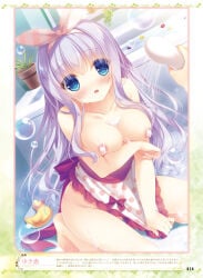 1girls apron arm_support bathroom beret breast_hold breasts exposed_breasts garter_belt hair_ribbon hat highres large_breasts long_hair naked_apron nipples shower silver_hair soap_bubbles soapy wavy_hair white_hair yukie