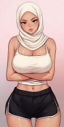 1girl 1girls ai_assisted ai_generated arabian cleavage female female_focus female_only hijab hijabi lipgloss pencil_skirt shorts tank_top tanned tanned_female tanned_skin