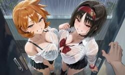 1boy 2girls ai_generated asymmetrical_docking bangs bare_shoulders black_bra black_choker black_clothes black_eyes black_hair black_skirt black_underwear blush bodily_fluids bow bowtie bra bra_visible_through_clothes breast-to-breast breast_press breasts brown_eyes brown_footwear busty choker clavicle cleavage clothing collared_shirt door doorway erika_(pokemon) female footwear green_eyes grin hairband headwear jewelry kasumi_(pokemon) landscape large_breasts legwear looking_at_viewer male miniskirt misty_(pokemon_hgss) multiple_girls neckwear off_shoulder open_door opening_door orange_hair outdoors parted_lips pleated_skirt pokemon pov_doorway pov_hands rain red_bow red_bowtie red_hairband red_neckwear school_uniform scrunchie see-through see-through_shirt shirt shoes short_hair skirt smile socks standing sweat symmetrical_docking teeth thighs underwear uniform water wet wet_clothes wet_shirt wet_skirt white_legwear white_shirt white_socks wrist_scrunchie